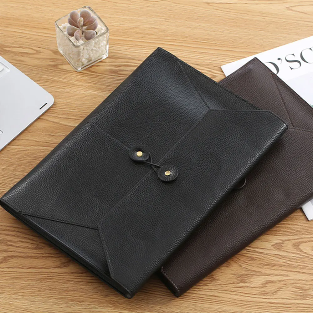 Leather File Folder Large Capacity Document Bag Strap Buckle Waterproof  Business Briefcase for Office Contract Bill Organizer