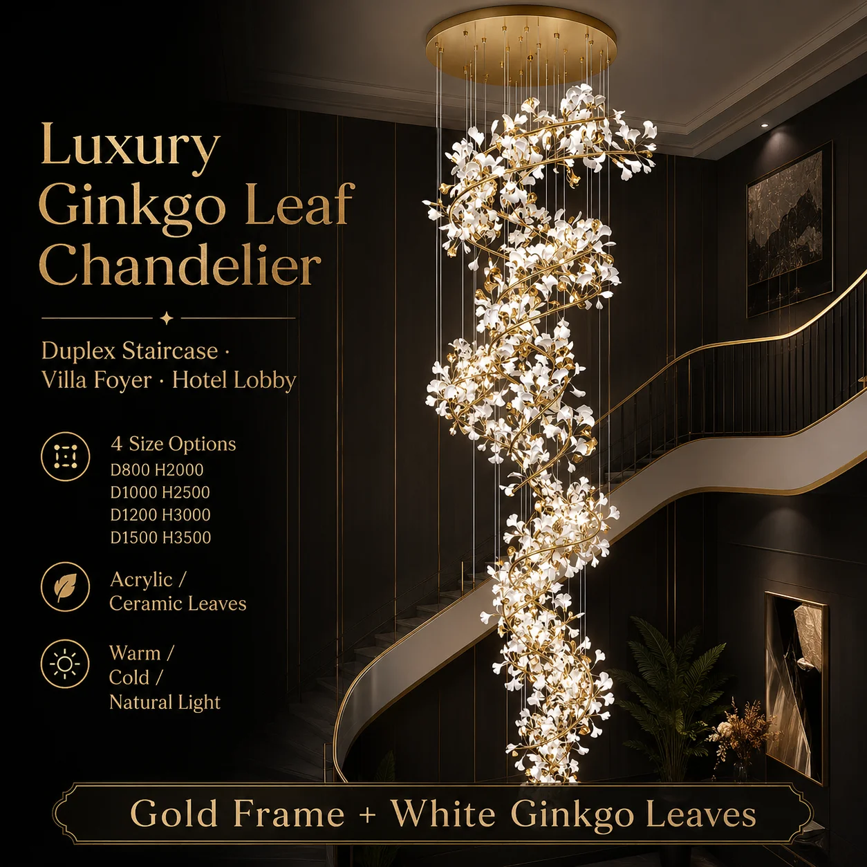 Candelabro moderno de lujo con forma de hoja de Ginko para escalera dúplex, vestíbulo de Hotel de Vila, lámpara colgante artística de hoja de Ginko larga y grande para salón