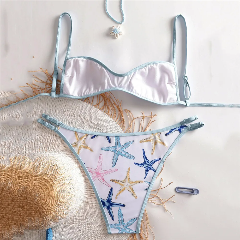 Light Blue Starfish Print Bandeau Micro Bikini Thong Sexy Swimsuit Woman 2026 String Swimwear Brazilian Bikinis Set Bathing Suit