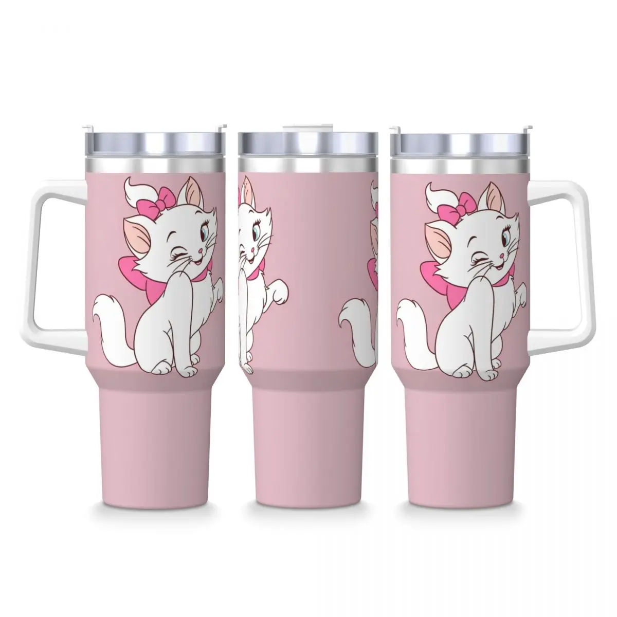 Cartoon Pink Marie Cat Stainless Steel Tumbler Kawaii Thermal Cups With Straws and Lid 40oz Car Mugs Cold Drink Water Bottle