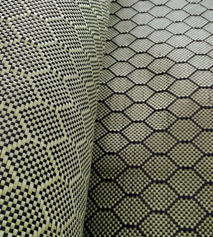 Гибридная ткань из арамидного углеродного волокна 3K Honeycomb Hexagonal, усиленная тканая ткань для автомобильных конструкционных элементов и защиты от давления.