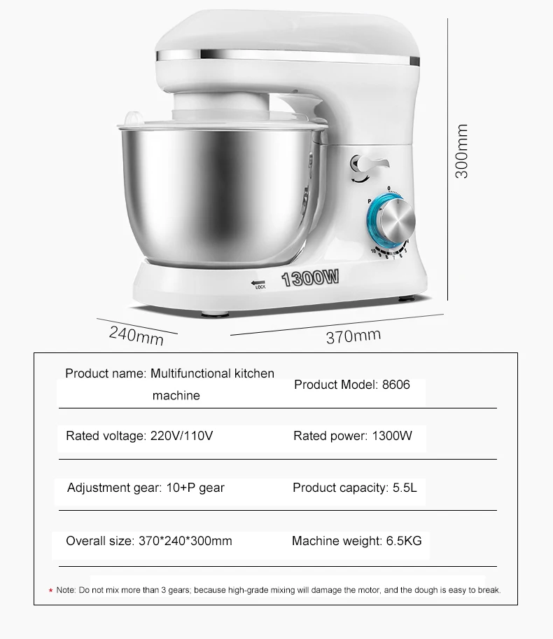 1300W 5.5L Miska ze stali nierdzewnej 10-biegowy kuchenny mikser stojący do żywności Trzepaczka do jajek Blender Ciasto Mikser do chleba Maszyna do