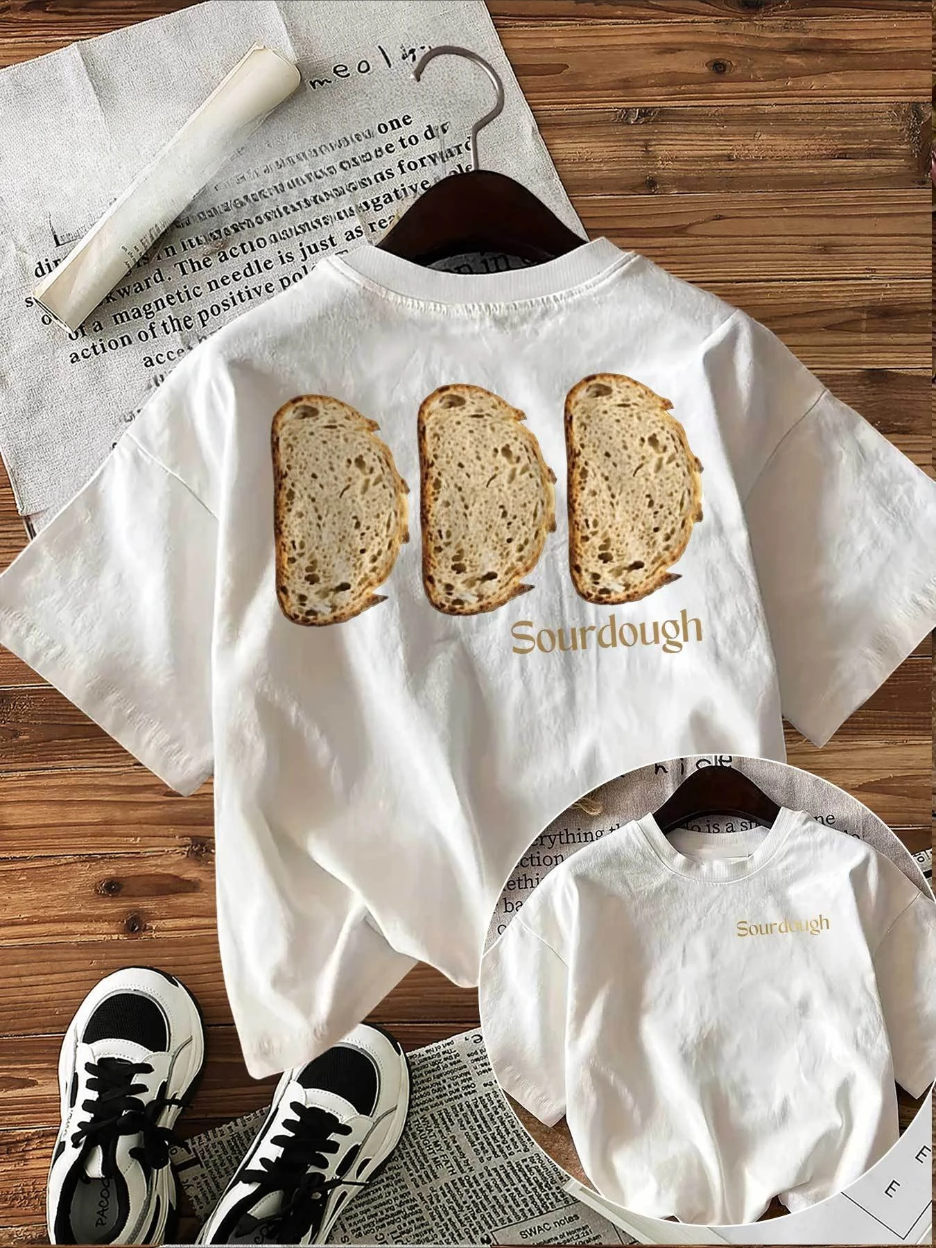Fashion Top for Spring and Summer Realistic Style Sourdough Print Round Neck Sleeve Pure Harajuku Sleeve Casual Aesthetic Clothe