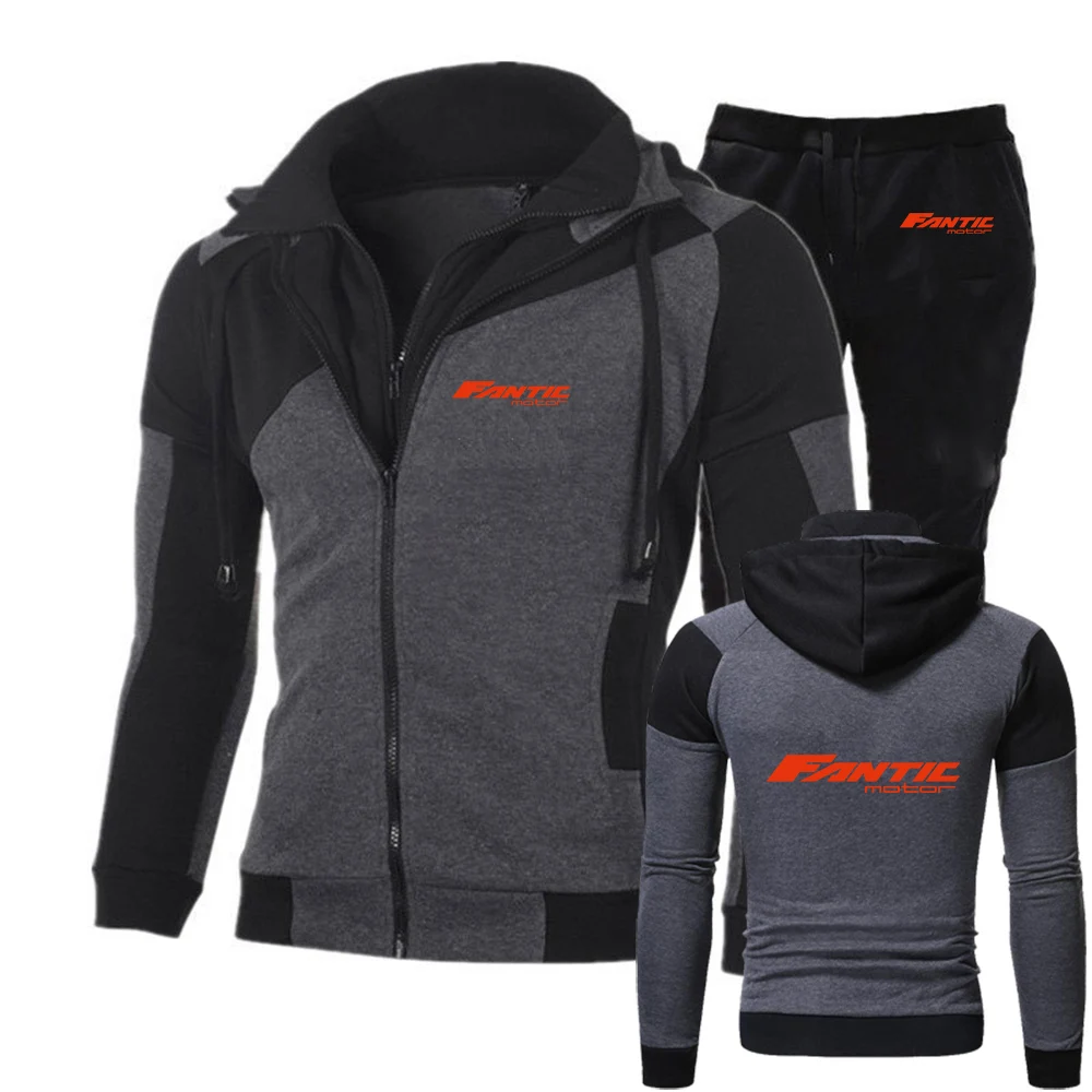 

2026 Fantic Motor Printing Men's New Spring And Autumn Diagonal Zipper Hoodie Casual Splicing Tops + Long Pants Suit