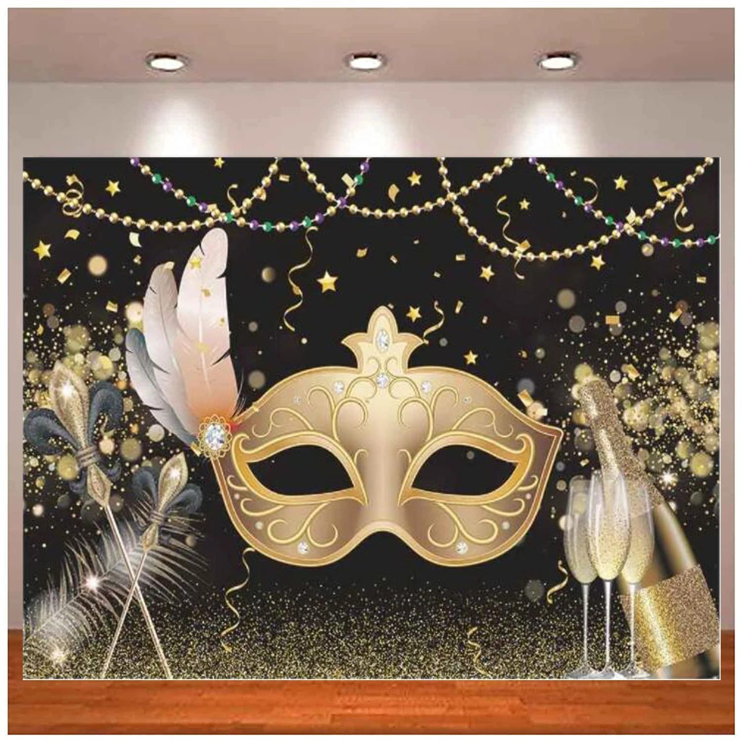 

Mardi Gras Carnival Masquerade Photography Backdrop Gold Prom Dance Dress Up Party Decor Banner Supplies Champagne Background