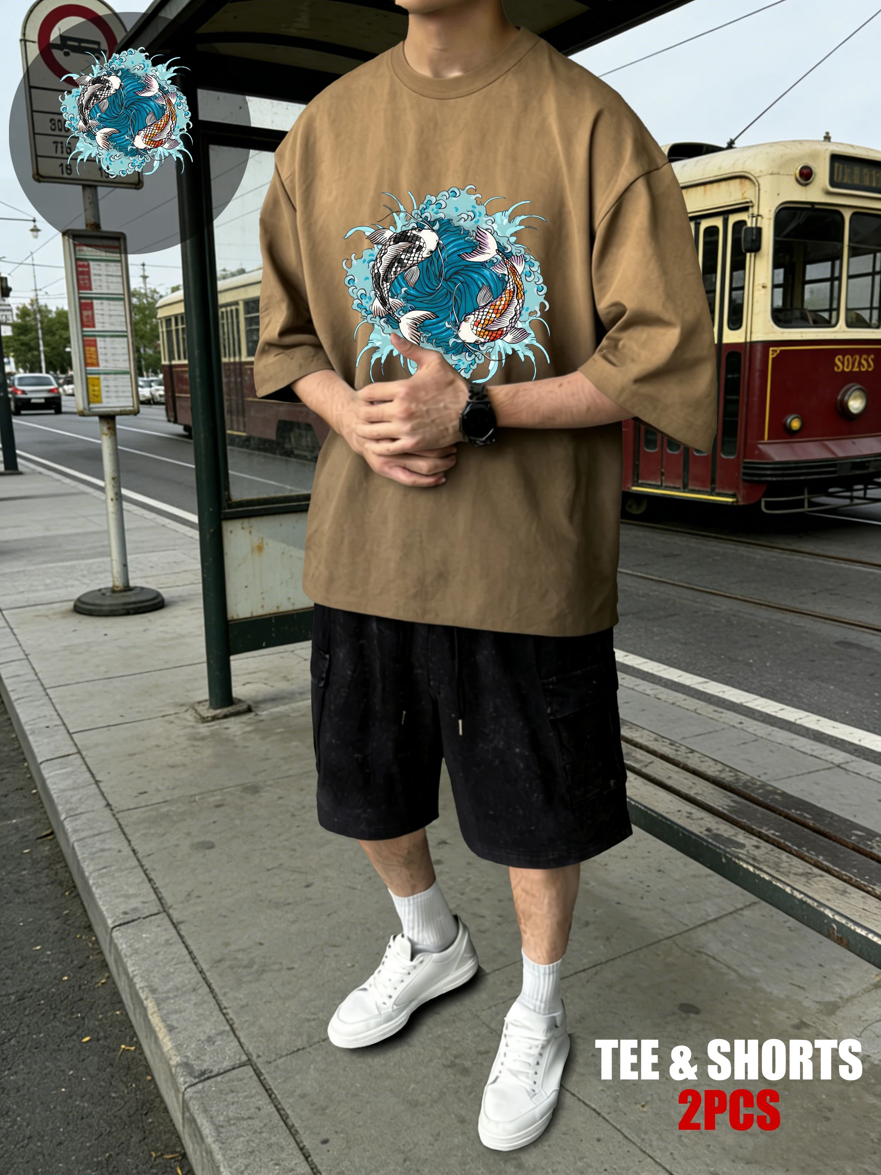 

Japanese Harajuku Waves Koiprint T Shirt Male Summer Casual Tee & Shorts O-Neck Tie-Dye Clothing Unisex Cotton Loose T-Shirt Set