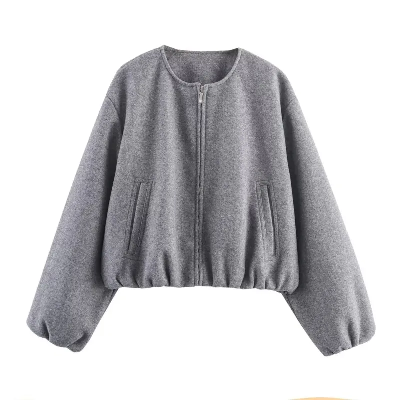 Chaqueta Bomber suave de primavera para mujer, informal, de manga larga, con cuello redondo, adornos elásticos, abrigos Vintage para mujer con cremallera, Tops femeninos de calle alta