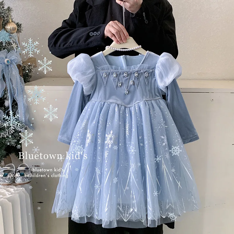 

Winter New Girls' Princess Dress Birthday Dress Children's Formal Dress Fleece Lined Mesh Heavy Craft Ice and Snow Dress