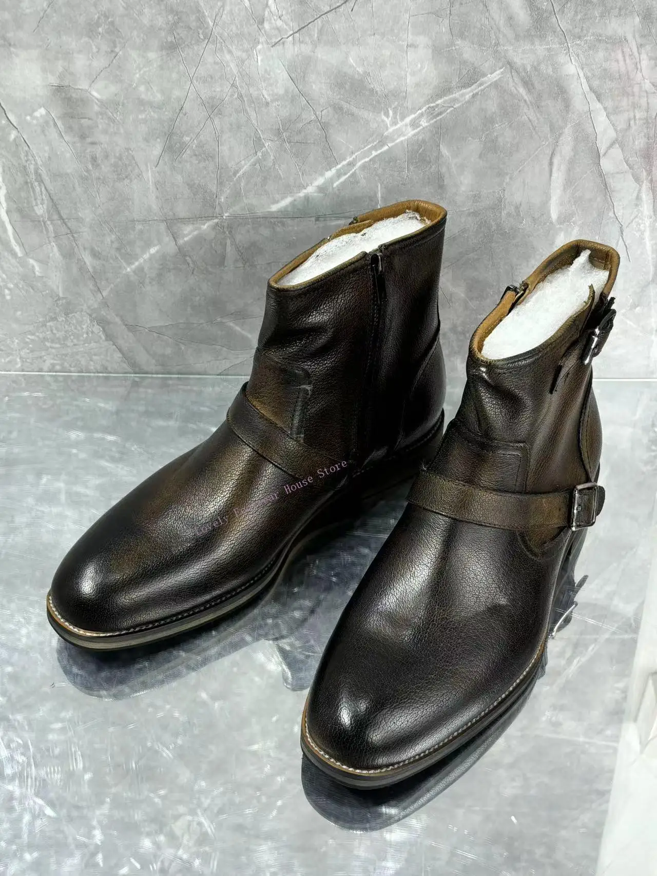 Classic Genuine Cow Leather Man Ankle Boots Round Toe Buckle Ankle Strap Male Side Zipper Dark Brown High Top Boots