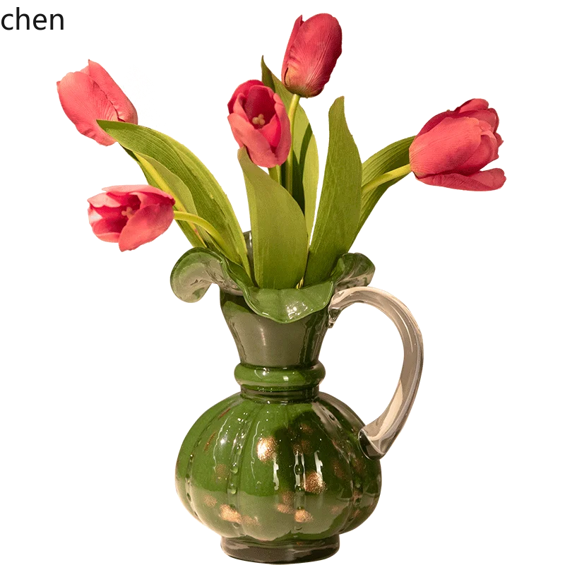 HTT Simple Pleated Lace Glass Vase Vintage Pot Flower Arrangement Dining Table Ornament Gift Flower Container Decoration