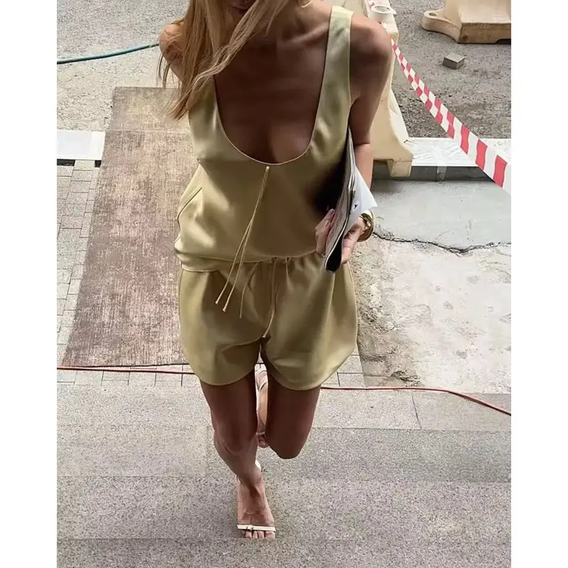 

Women Satin Pajamas Set Solid Color Bow Tied V-Neck Sleeveless Tops +Drawstring Elastic Waist Shorts 2Pcs Loungewear