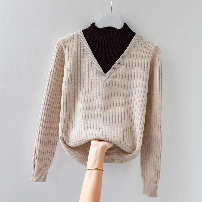 New Autumn/Winter Fashion Korean Edition Retro Fake Two Piece Half High Neck Loose Versatile Western Women's Knitted Sweater