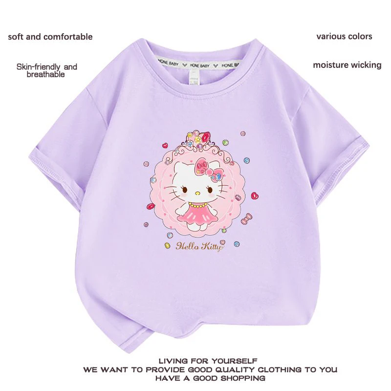 Sanrios Anime Kawaii Hello Kitty Summer Cotton Children's Short-sleeved T-shirt Cute Cartoon Bottom Thin Top Birthday Gift