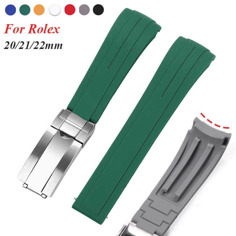 20mm 21mm 22mm Gummi-Uhrenarmband für Rolex, gebogenes Ende, wasserdichtes Armband, Silikon-Uhrenarmband, Faltschließe, Sportarmband