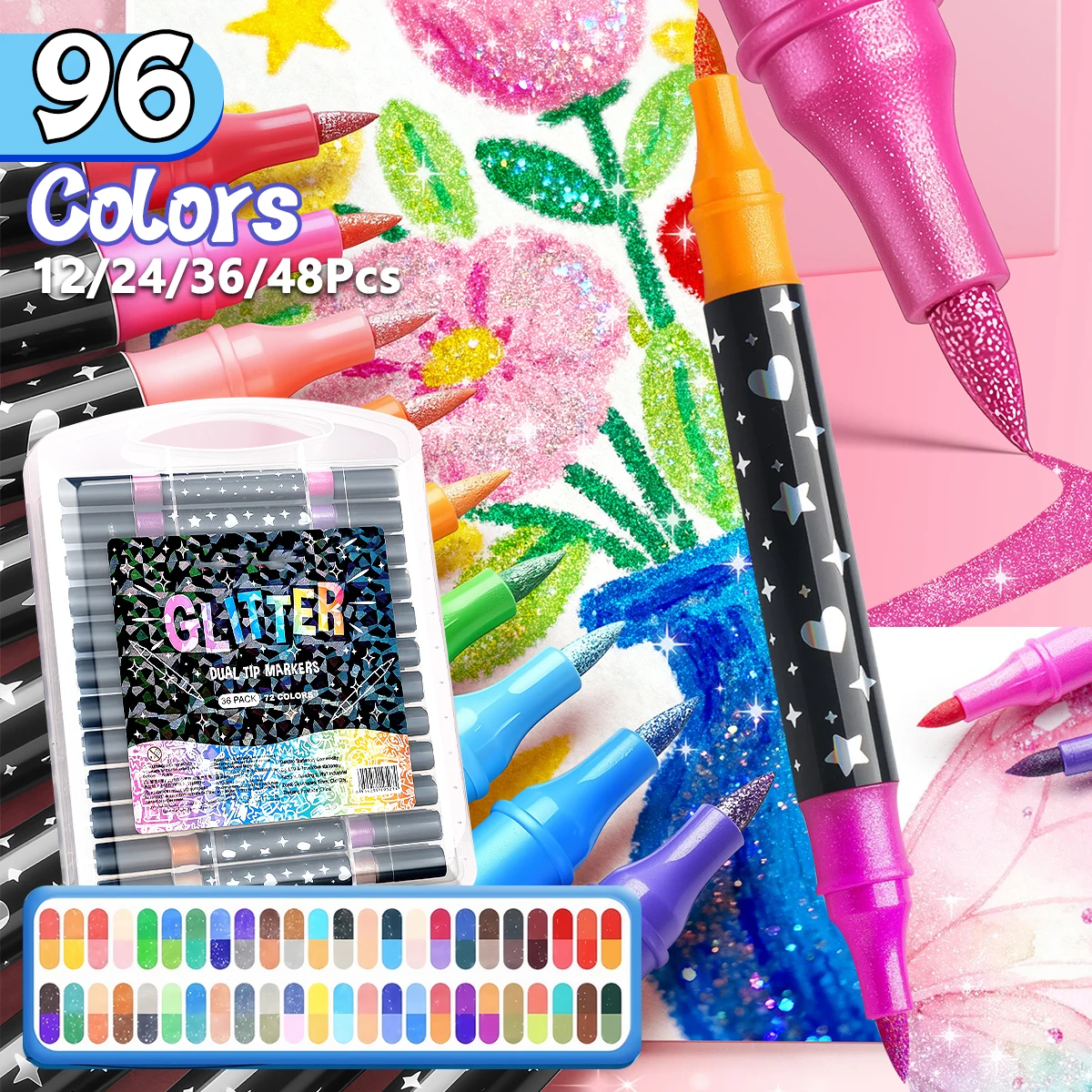 

12-48Pcs Double-Ended Glitter Marker Pen Set Two-Color Glitter Watercolor Pens & Highlighters Rich Colors Soft Tips DIY Crafts