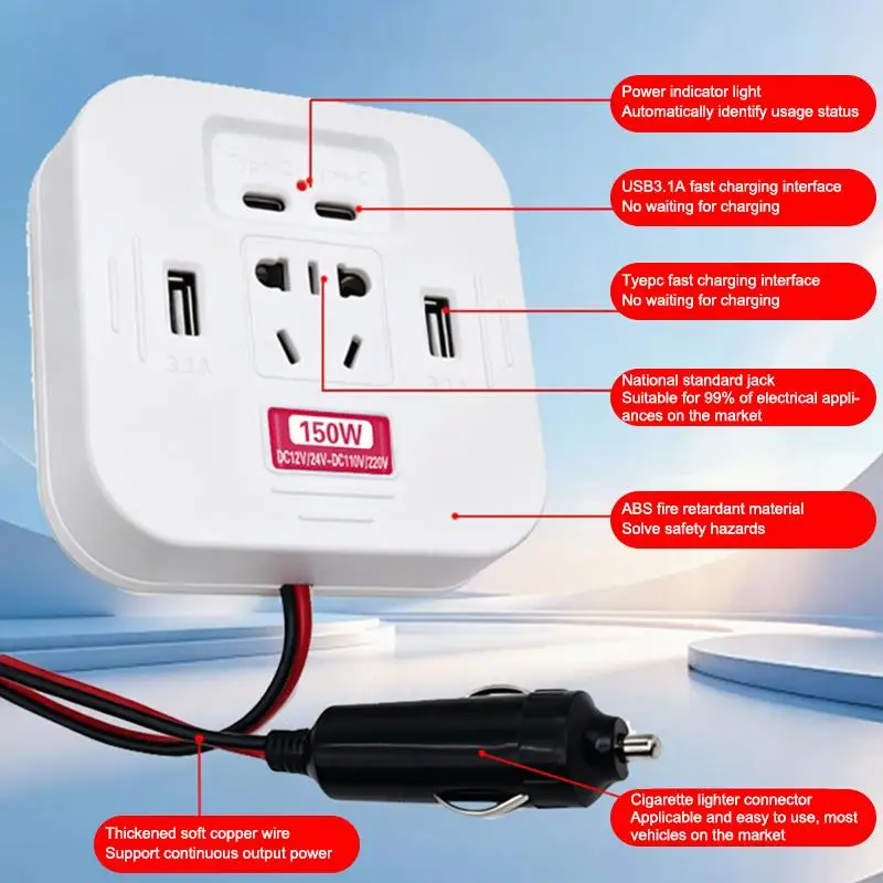 150W Car Power Inverter USB C Fast Charging AC Outlets Fireproof ABS Shell Suitable for Pickup Truck Road Travel Use