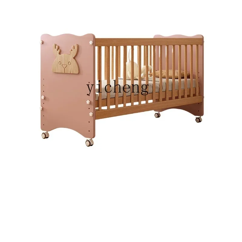 Multifunctional Newborn Baby Crib Beech Stitching Solid Wood Movable Lifting Adjustable Children's Bed