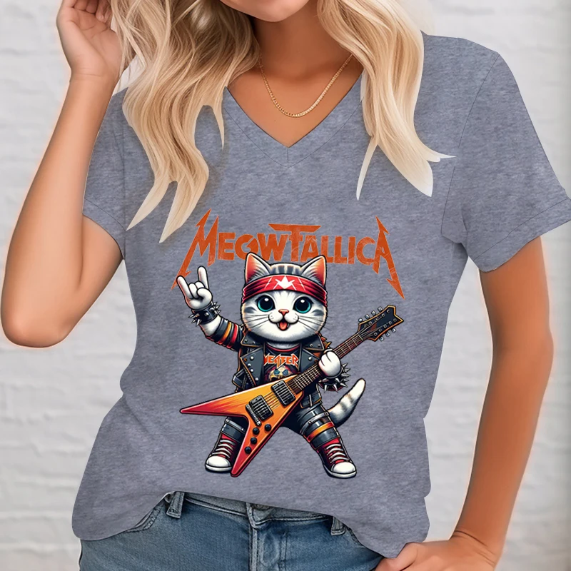 Miłośnik muzyki rockowej Koszulki z krótkim rękawem Kobieta Kot grający na gitarze Modne Casualowe Topy Koty Muzyka rockowo-rolkowa Prezent Kobieta T-shirt — zdjęcie 5