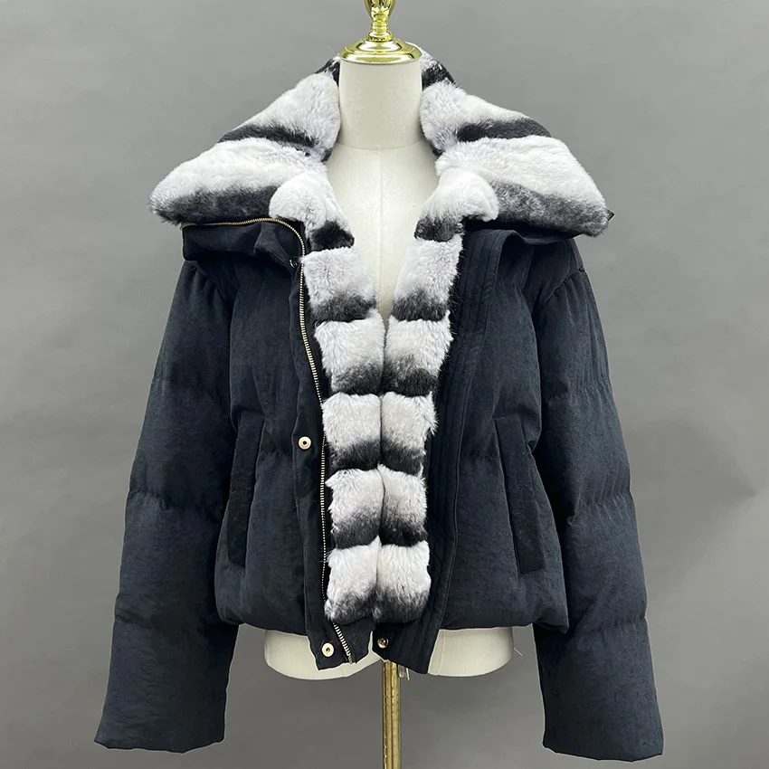 JANEFUR 천연 리얼 렉스 토끼털 칼라 따뜻한 구스다운 재킷 여성 겨울 코트 여성용 아우터 재킷 JFB8-25007