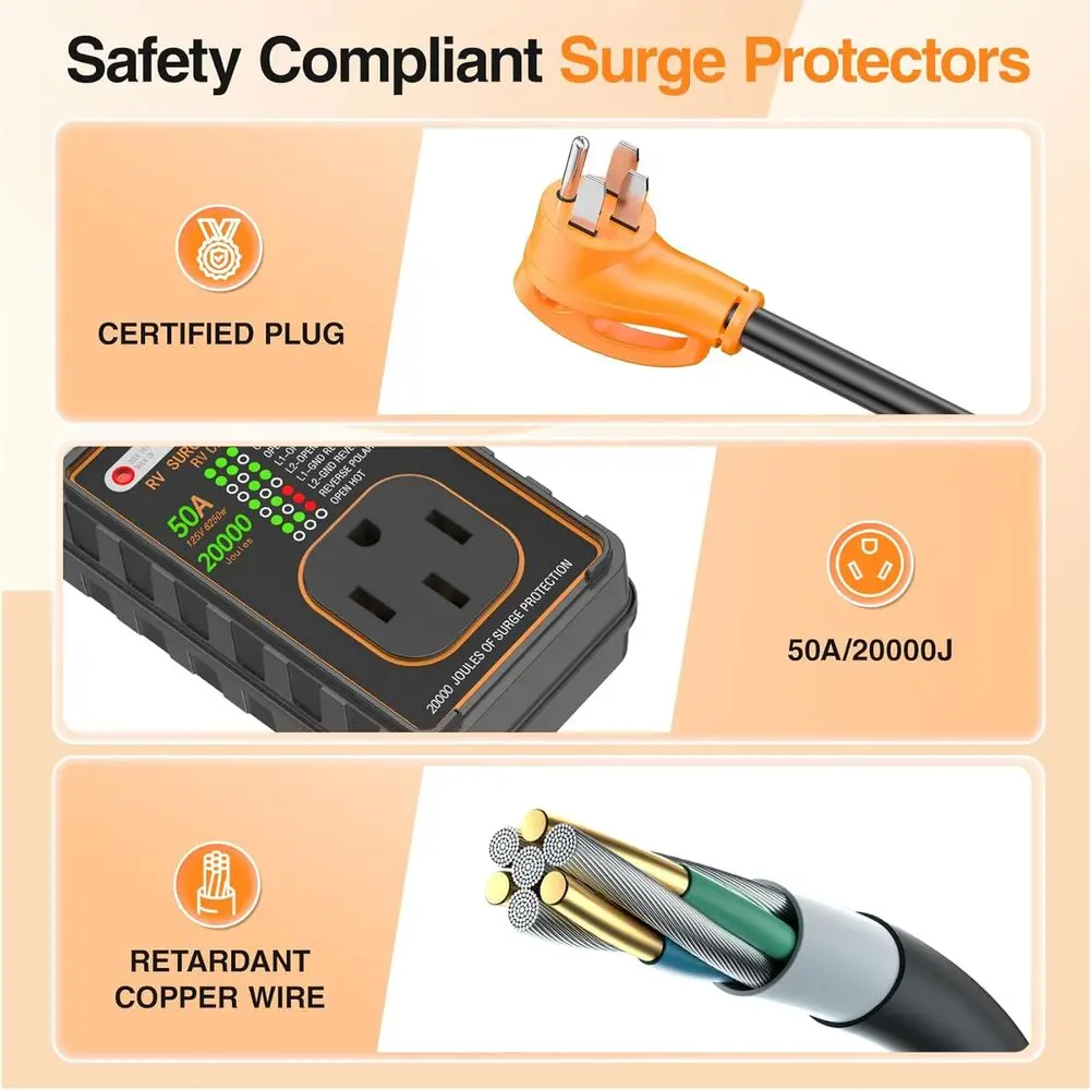 واقيات زيادة التيار RV 50 أمبير، محلل دائرة RV 20000 Joules، حماية جهد التيار IP68، قابس محول RV للتخييم، RV Essen #4