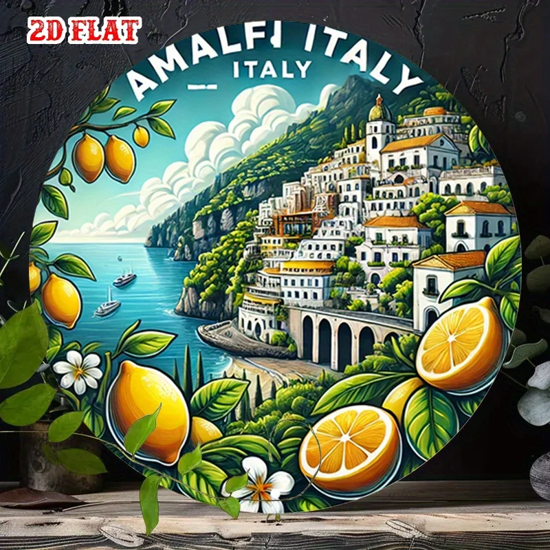 2D Flat, 1pc Vintage Mediterranean Amalfi Coast Metal Wall Art Sign - 19.99cm Round Italian Coastal Village Decor with Lemon & L