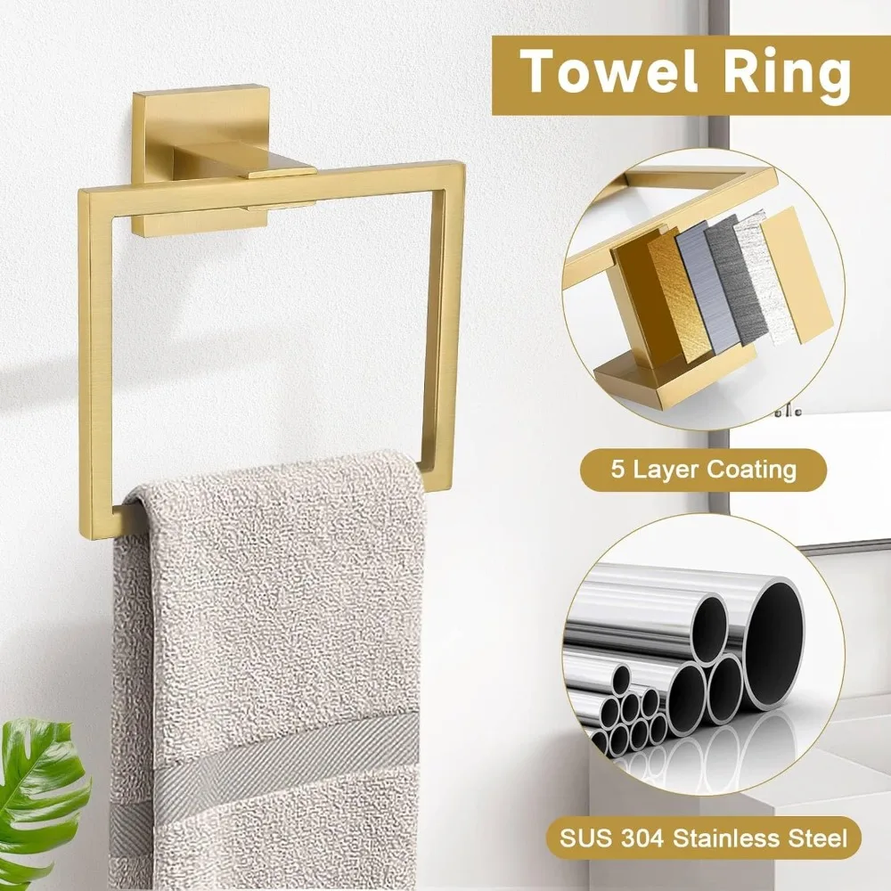 10-Piece, Brushed Gold Towel Bar, Holder & Racks, Stainless Steel - Wall Mounted, 23.6-Inch, Towel Racks