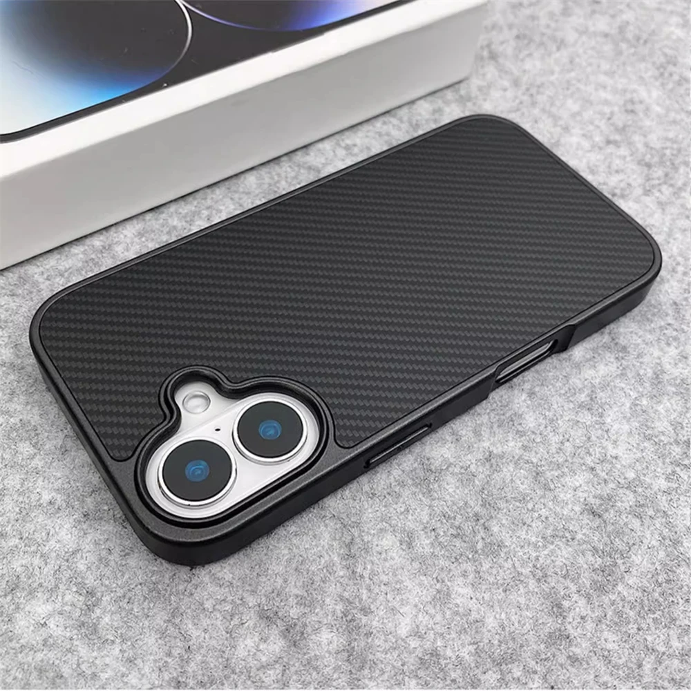 Luxury Business Carbon Fibre Pattern Matte Case For iPhone 17 16 Pro Max 15 14 13 12 Plating Soft Edge Frame Shockproof Cover