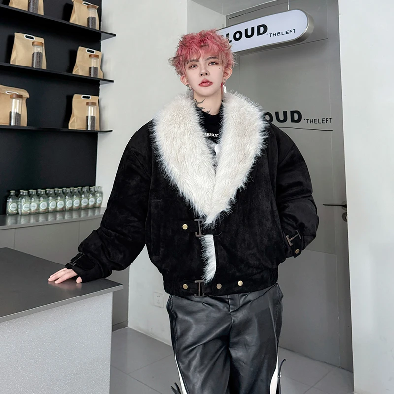 WTHT Fashion Men's Spliced Faux Fur Contrast Color Coats Trendy 2025 Winter Turn Down Collar Casual Jackets Male 2A2359