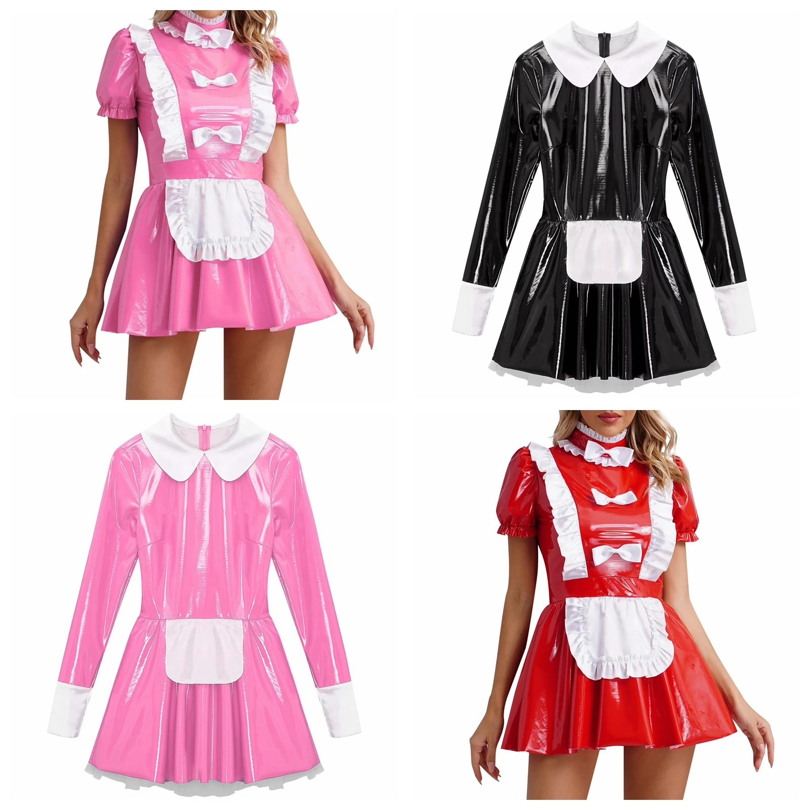 

Adults Womens Patent Leather Cosplay Servant Costume Apron French Maid Dress Glossy Naughty Maid Uniform Fancy Dress Clubwear