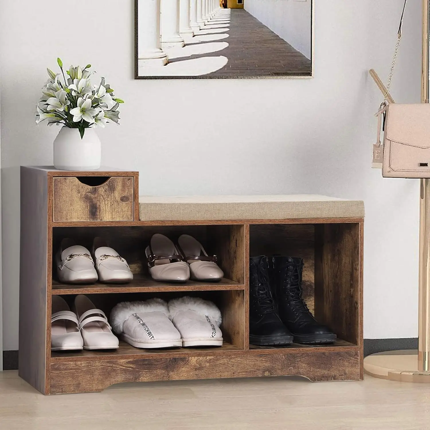 

Shoe Bench With Cushion And 3 Compartments, Entryway Storage Bench Freestanding Shoe Cabinet Ra With 1 Drawer, Total Load Acity