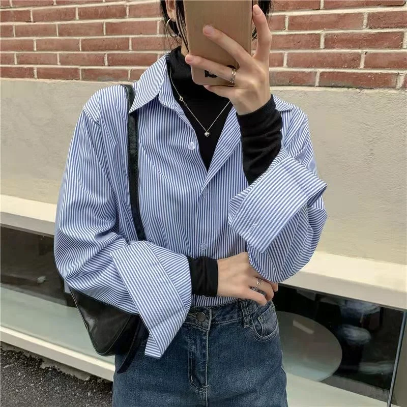 

Blue Striped Women's irt Design Sensation Small ence Spring Autumn Loose Long Sve irt Versatile Layering Top