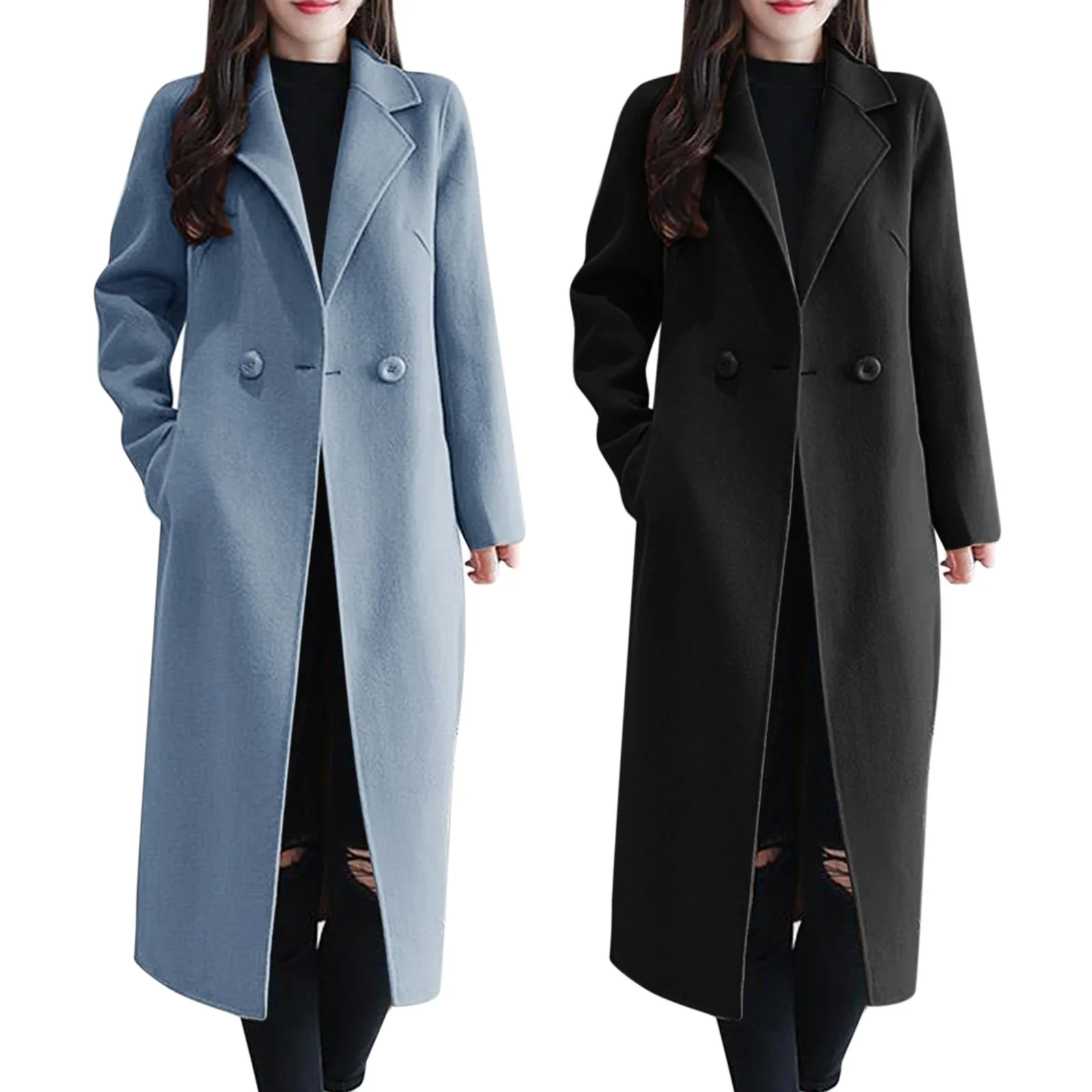 Women Autumn Winter Overcoat Solid Color Woolen Coat Lapel Long Sleeve Two Buttons Pockets Mid-length Woolen Cardigan Outwear