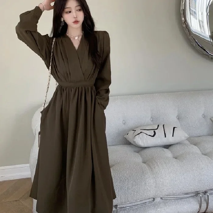 Plus Size Women's Long Sleeve V-Neck Waist-Cinching Dress Autumn New Style French Style Dress Belly Concealing Slimming Long Dre