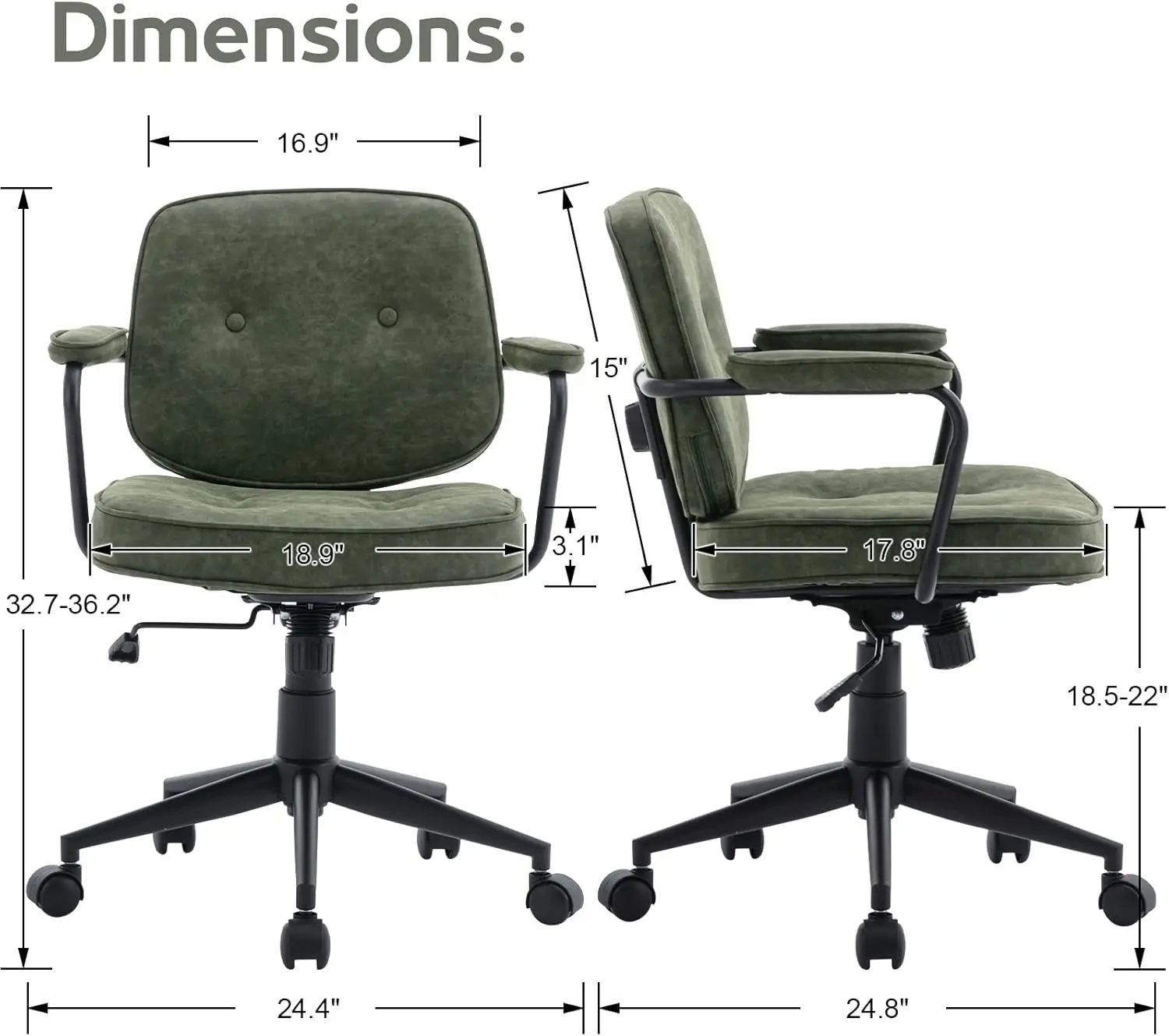 Green Adjustable Pu Leather Office Chair for Home Office, Tiltable, 360°Swivel, Comfy, Thickened Seat, Button Tufted, Armrest