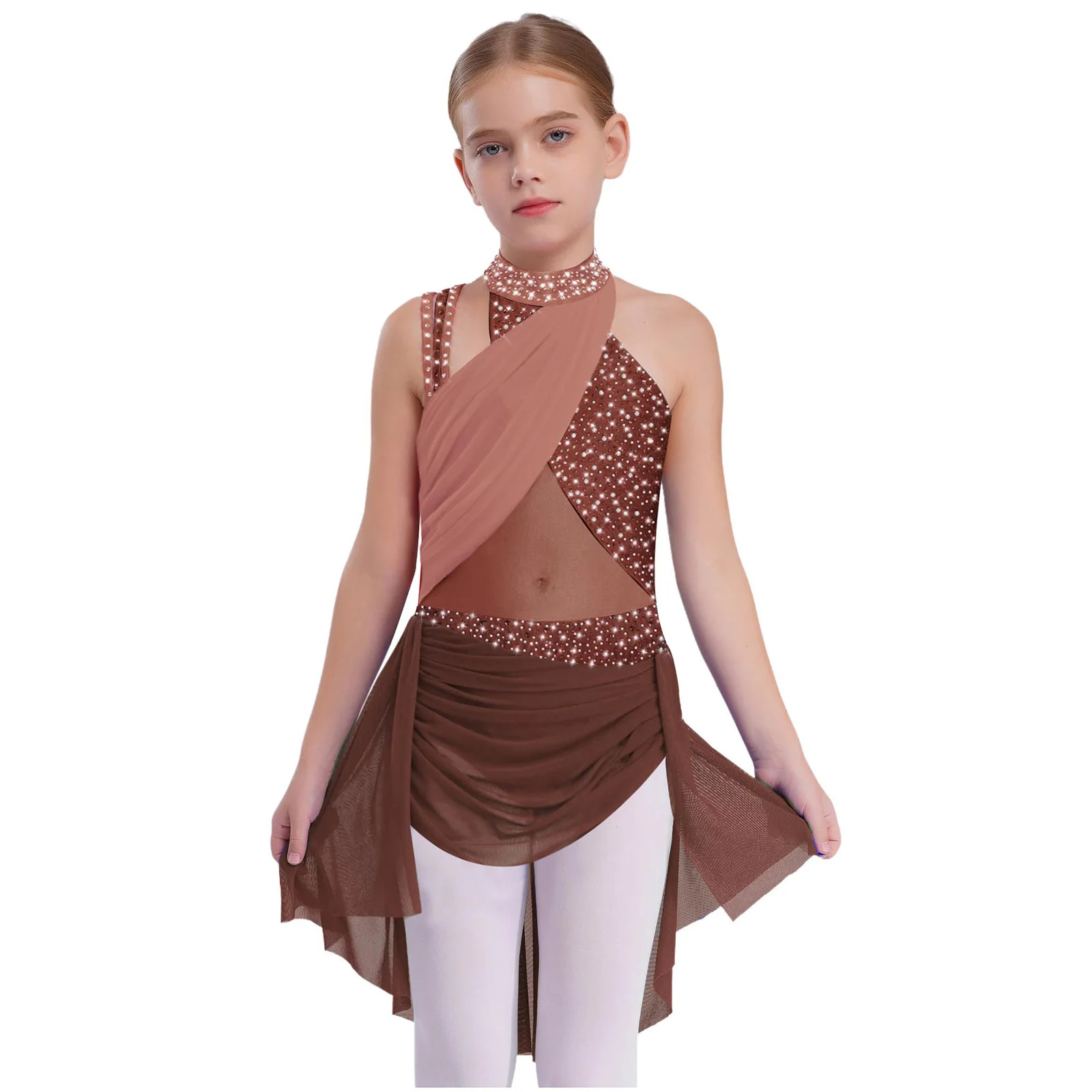 

Kids Girls Lyrical Dance Dress Figure Skating Ballet Costume Sparkling Rhinestones Sleeveless Crisscross Strappy Leotard Dresses