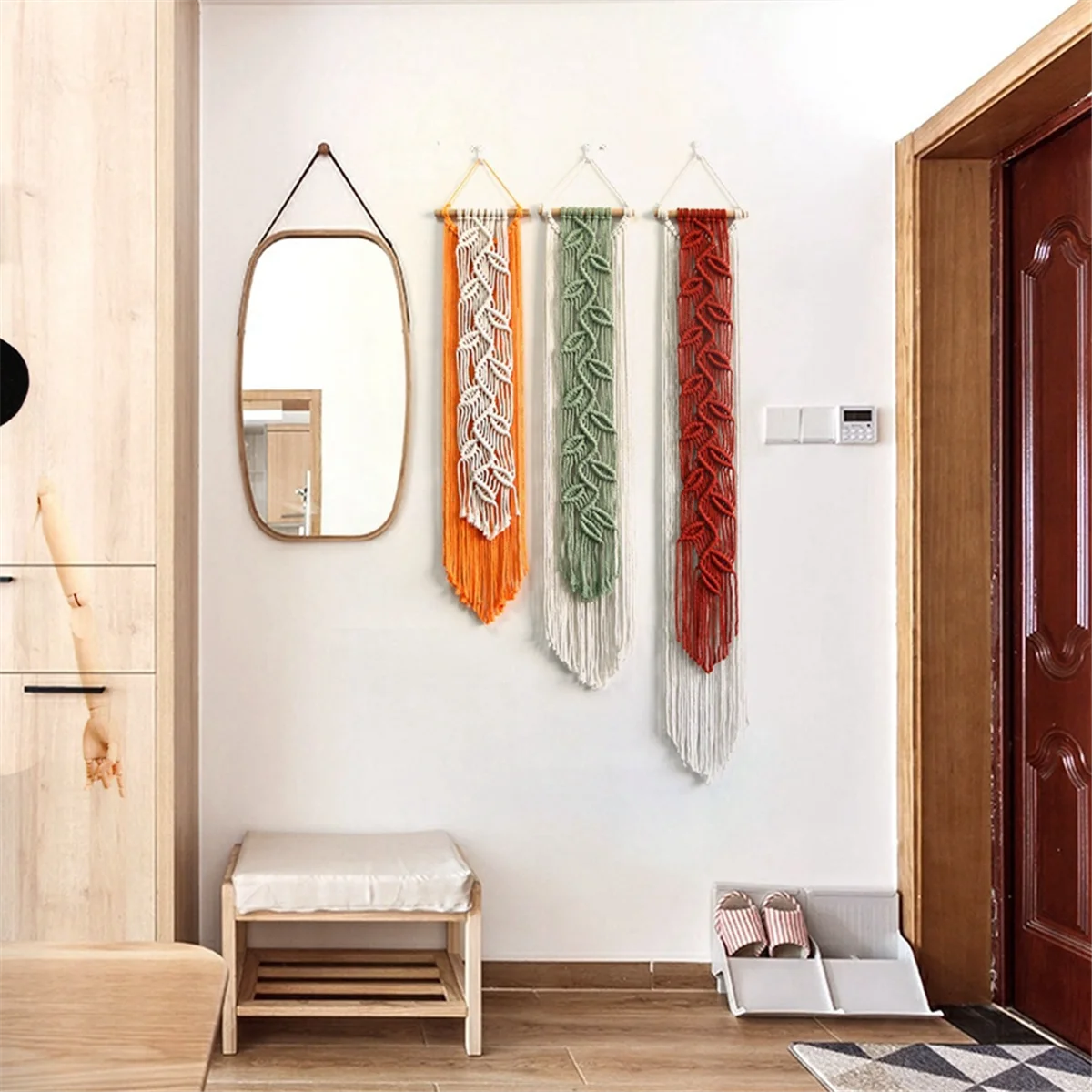 N38R_Nordic Leaf Woven Macrame Tapestry Hanging Boho Tassel Wall Hanging A