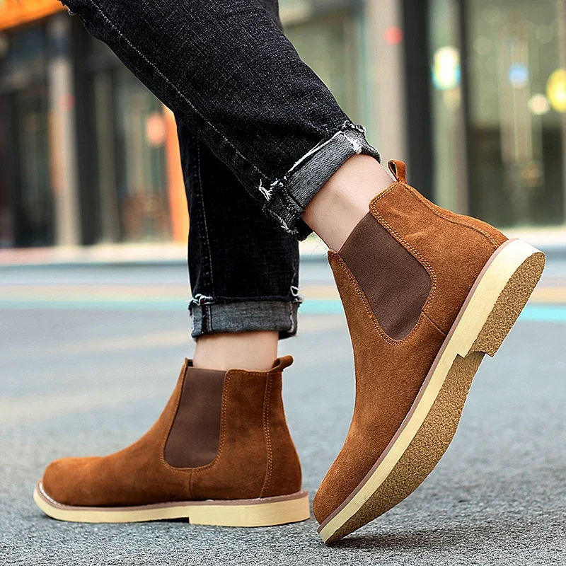 shoes man winter New Fashion Casual Men Ankle Chelsea Boots Male Shoes Cow Suede Leather Slip Ons plush warm Man snow Boots