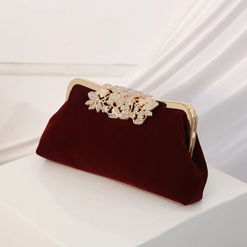 Vintage Wine Red Velvet Evening Bags For Women Fashion Luxury Rhinestone Buckle Clutches Chain Shoulder Bag Prom Party Handbags