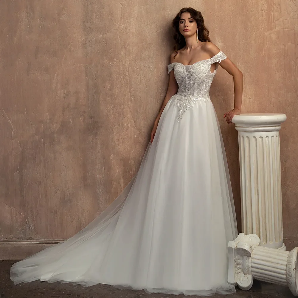 Splendido abito da sposa bianco Applique al largo della spalla paillettes di pizzo perline perla a-line abito da sposa lungo fino al pavimento slimays