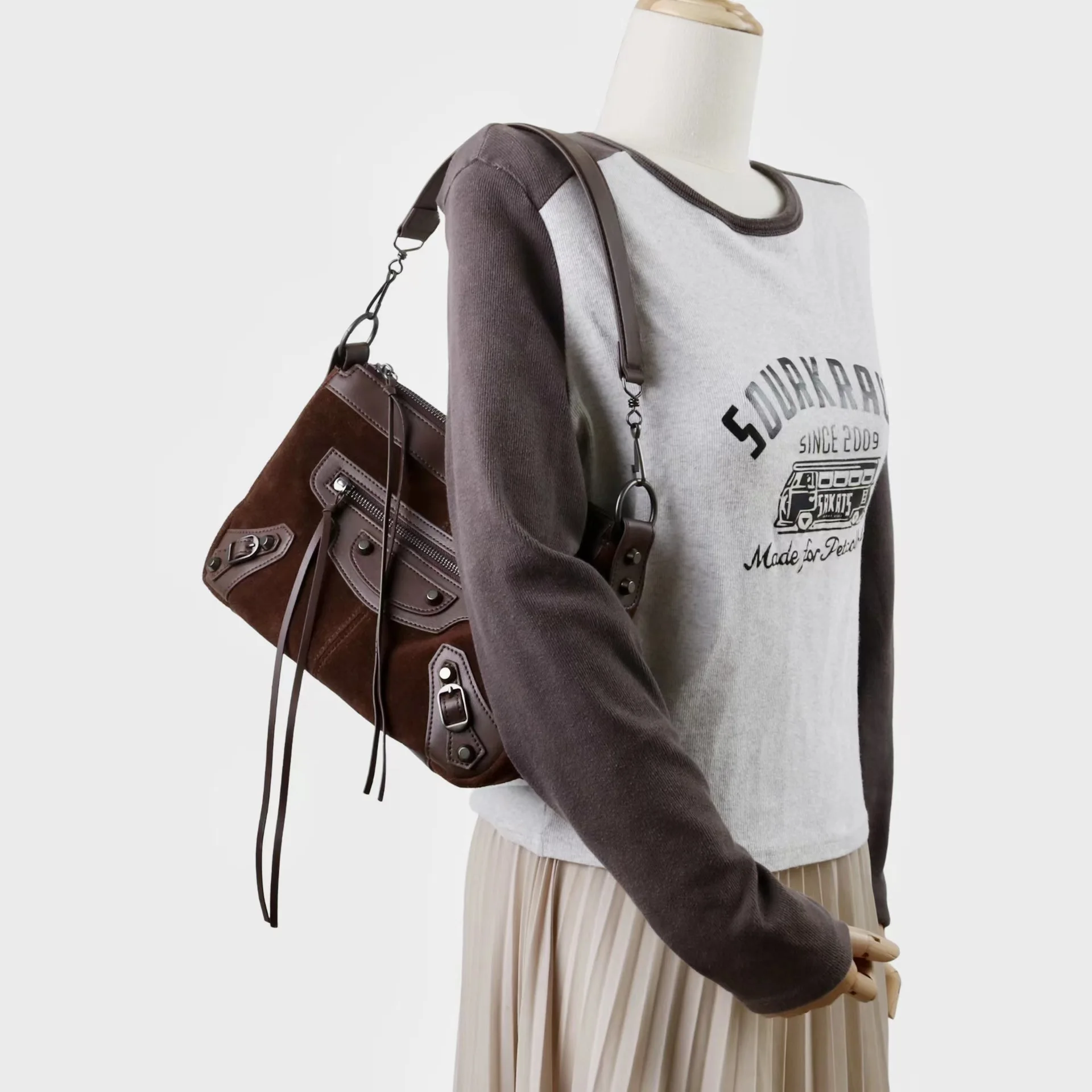 

Brushed Casual Color-Block Studded Crossbody Bag Premium Motorcycle Style Soft and Spacious