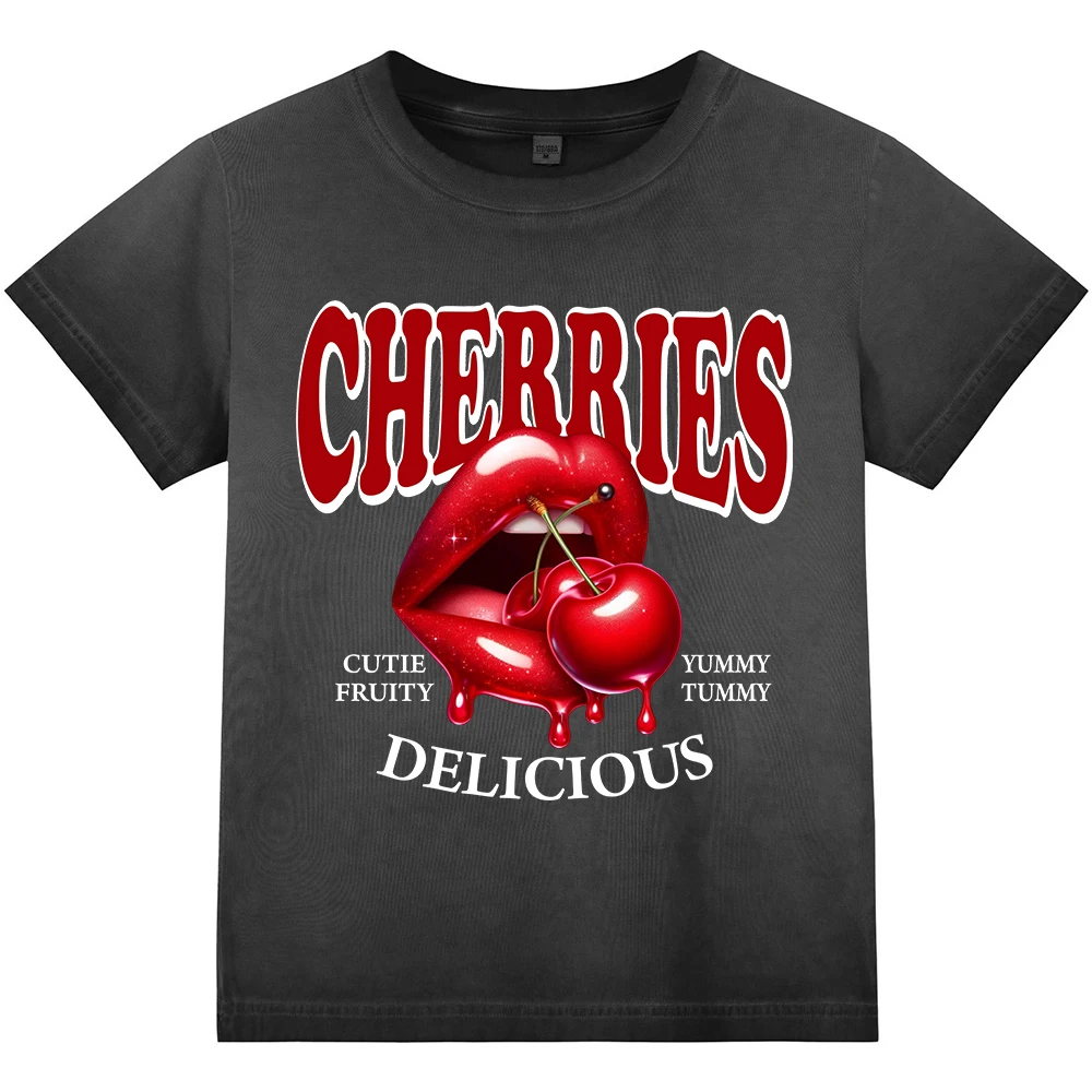 

Cherries Delicious Fruits Printing Womens Washed Slim T Shirt Fashion Cotton T-Shirt Gradient Dyeing Streetwear Crewneck Y2K Top