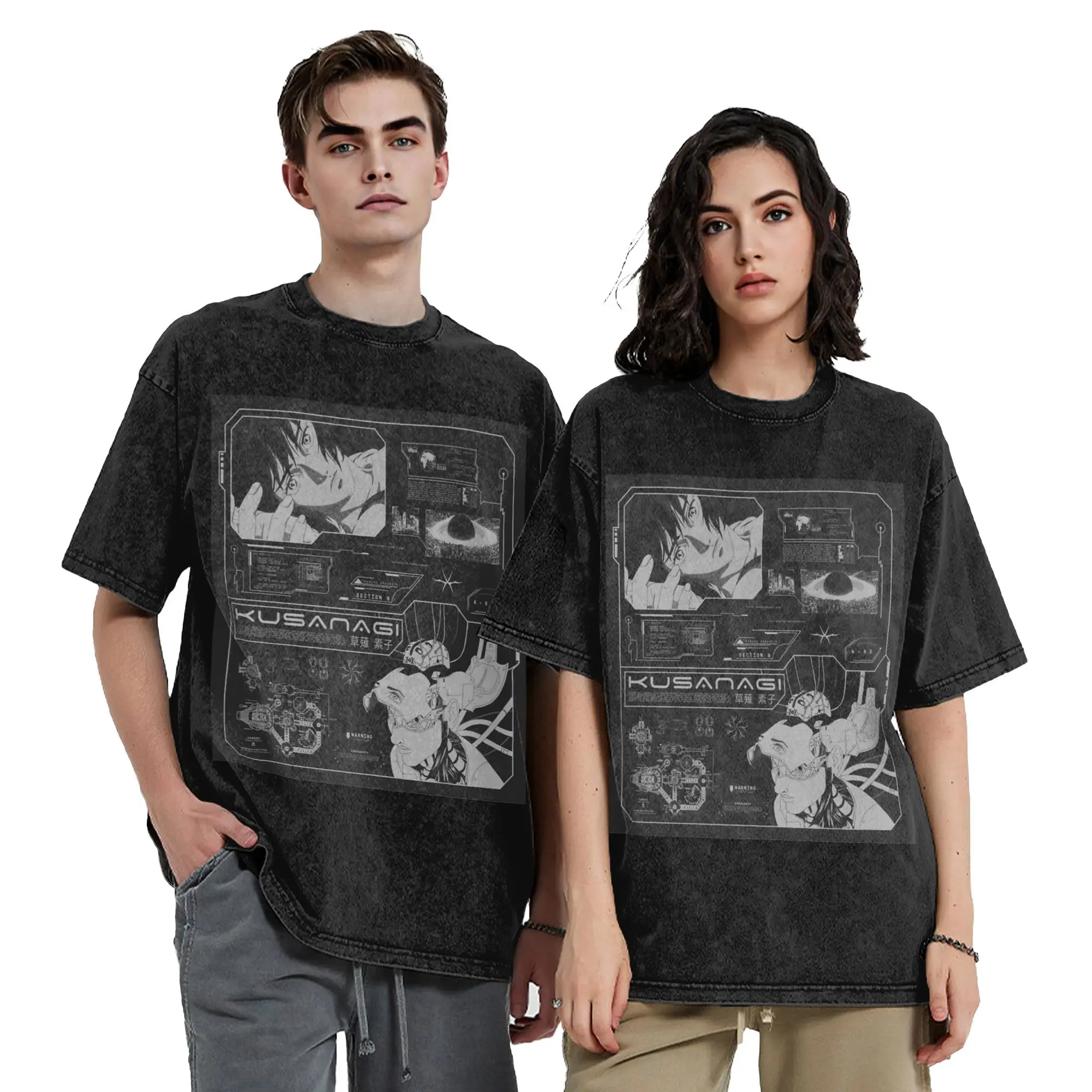 Ghost in the shell Anime Vintage Washed T Shirt 100% Cotton Crazy T-Shirts Crewneck  Tees Short Sleeve Clothing 4XL 5XL