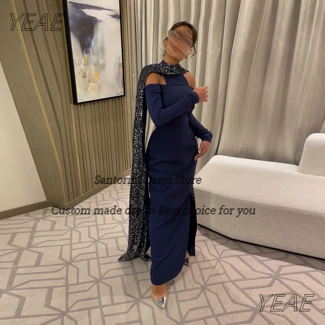 Santorini Customized Prom Dresses with Shawl Halter Neck Long Sleeves Evening Dress Women Wear Side Slit Vestidos Des Noche image 4