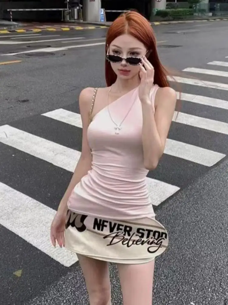 

Summer Women Pink Sexy Sleeveless Backless Slim Vest Tops And High Waist Irregular Beige Letter Print Mini Skirt Two-piece Sets