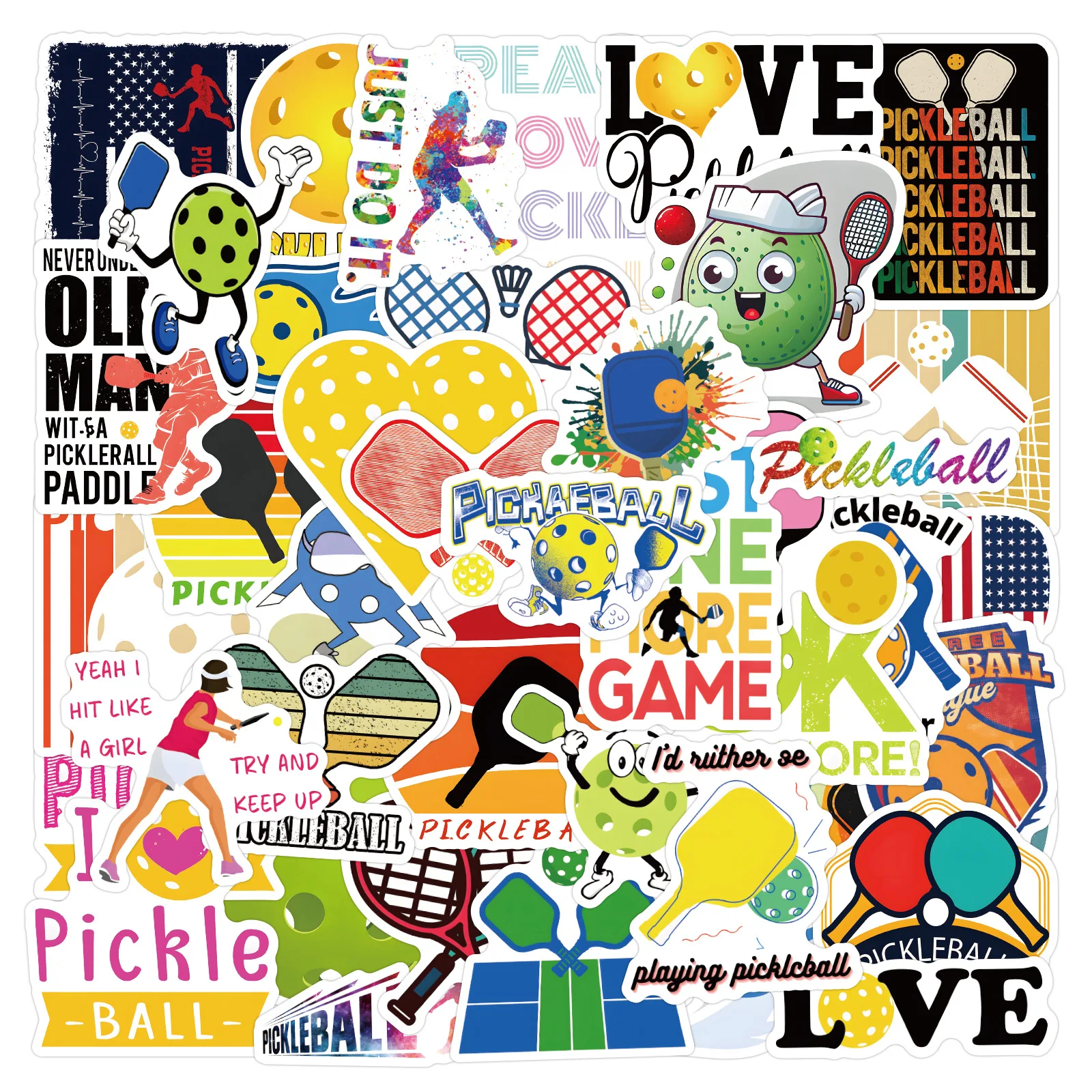 

55PCS Pickleball Cartoon Pickle Racket Ball Text Doodle DIY Decorative Skateboard Water Cup Luggage Waterproof Sticker Kids Toy
