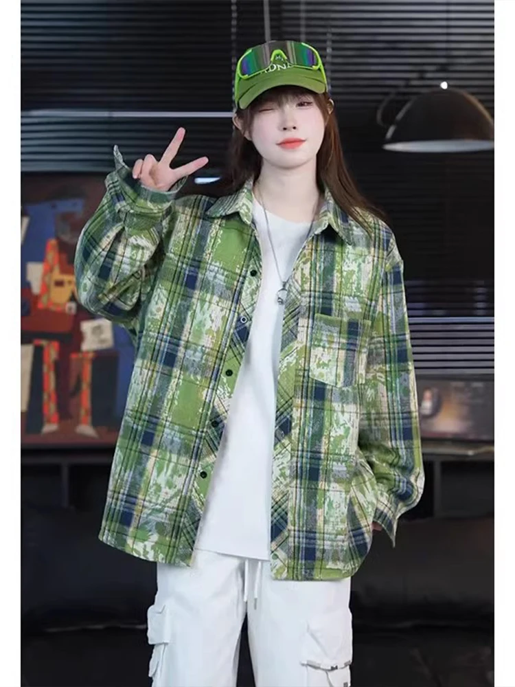 

Мужская удлиненная куртка оверсайз в стиле тай-дай и клетка, весна-осень, для пар, в американском ретро-стиле