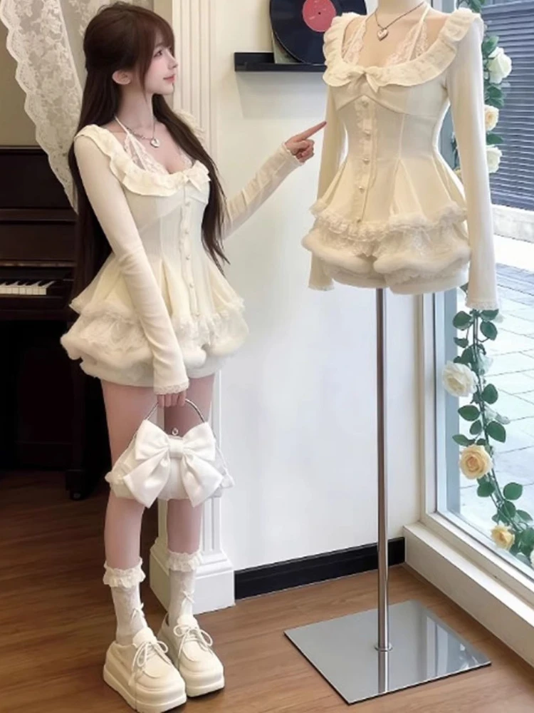 

New Winter Korean Style Fashion 2 Piece Set Women Gentle Design Y2k Tops + High Waist Skirt Japanese Vintage Lovely Chic Outfits