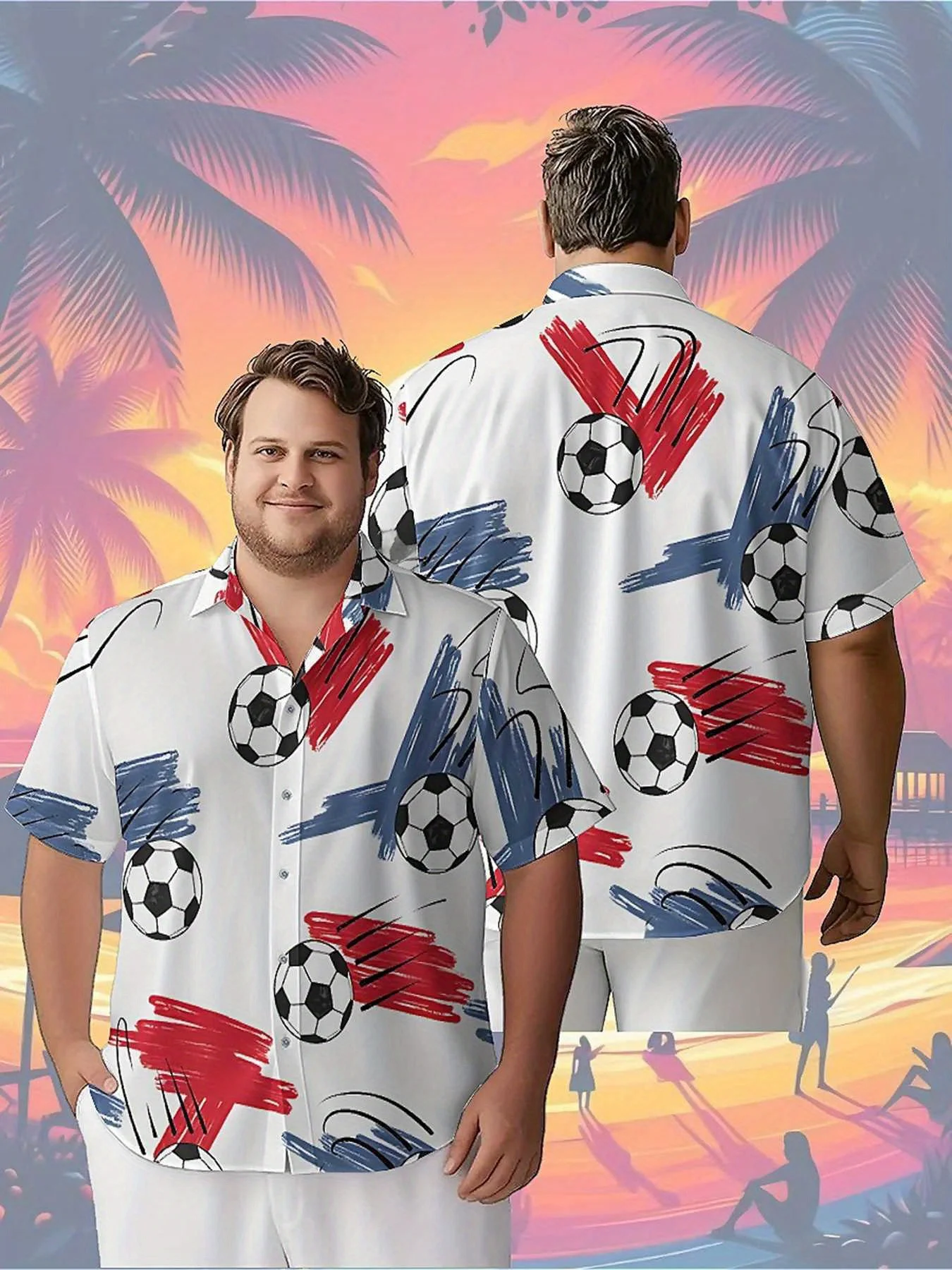

Men's Plus Size Hawaiian Shirts Black and White Football and Red and Blue Graffiti pattern,Unisex Aloha Shirts,summer Clothing