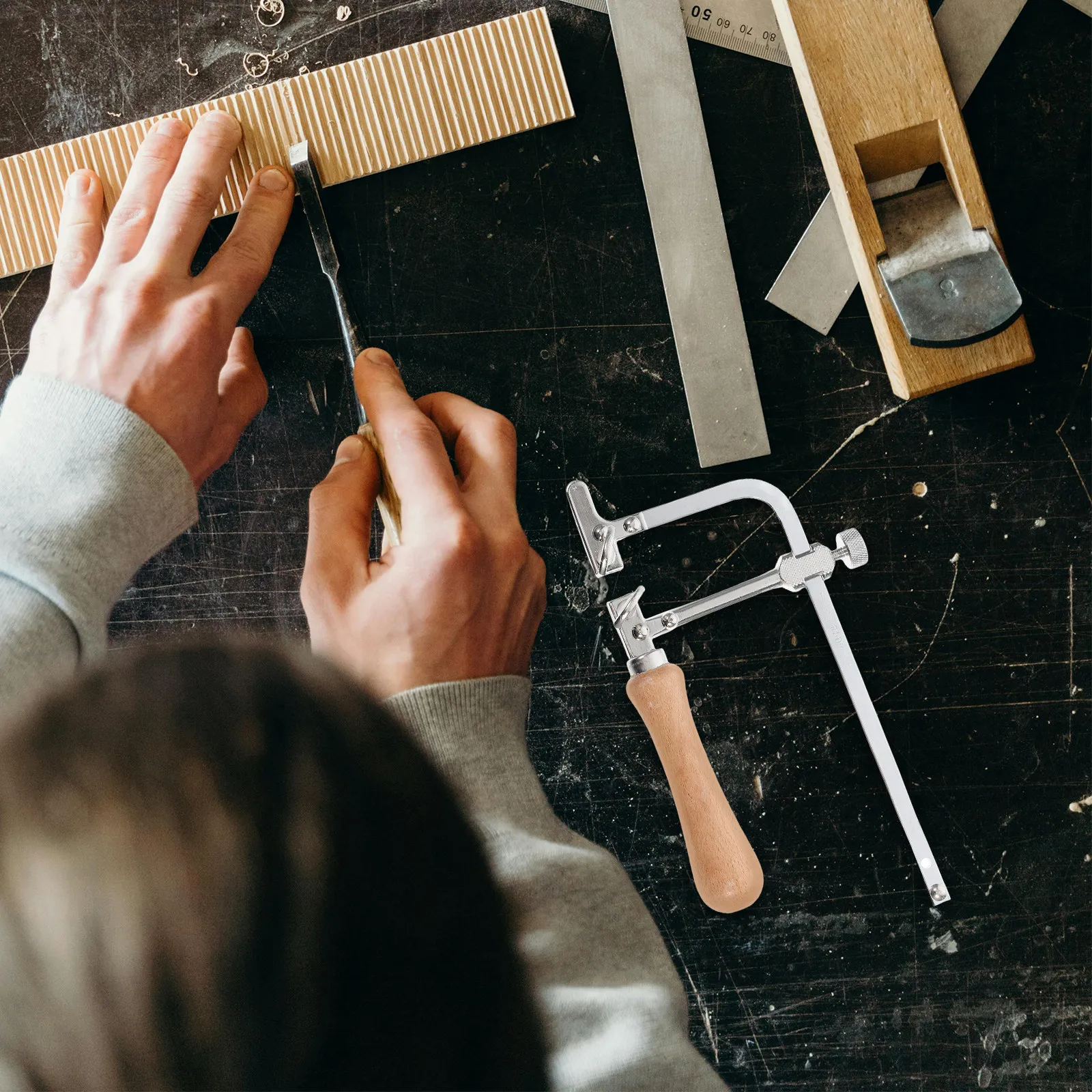Heavy Duty Coping Saw Adjustable Tension Natural Wood Handle Steel Frame Precision Detailed Cutting Small Projects Hobbyist