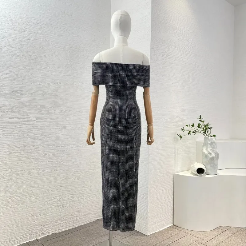 Woman Black Deep V Tube Top Shoulder Collar Short Sleeve Diamonds Pressed Midi Dress High Quality for 2024 New Arrivals